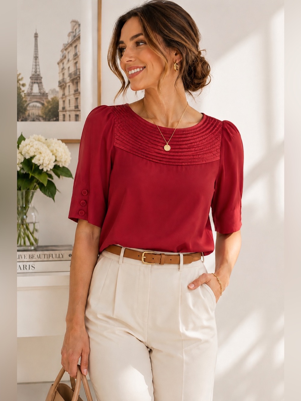 Banana Republic Silk Pintuck Blouse Raspberry Pink Covered Button Top XS
